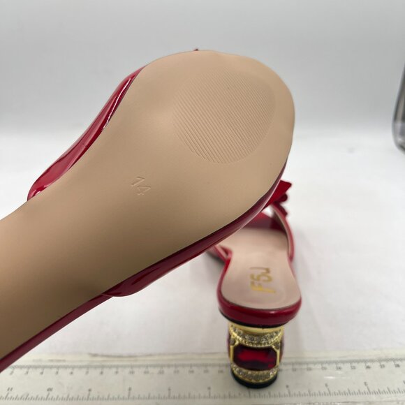 FSJ Red Low Heel Rhinestone Bow Mule Sandals Peep Toe Crystal Block Heel Slipper - Picture 6 of 8